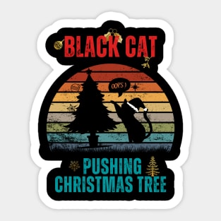 Vintage Retro - Funny Black Cat Pushing Christmas Tree Sticker